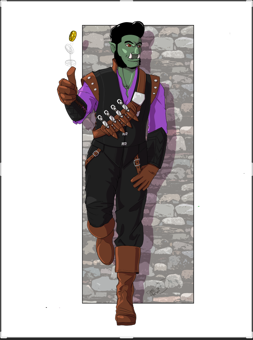A Half Orc with ruddy green skin and a greased pompadour style hair and muttons chips leans against a wall, he wears black and brown leather over a purple shirt and has a bandolier of throwing knives across his chest and flips a golden coin with his right hand.